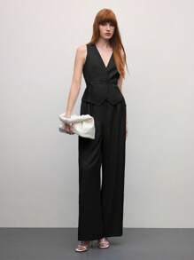 BizChic 2 Pieces Women's Romantic Elegant Sleeveless Tie Front Bow Design Pockets Jumpsuit, Versatile For Business Casual, Daily Commute, Suitable For Office Wear