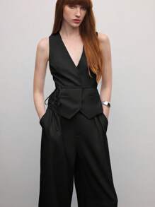 BizChic 2 Pieces Women's Romantic Elegant Sleeveless Tie Front Bow Design Pockets Jumpsuit, Versatile For Business Casual, Daily Commute, Suitable For Office Wear