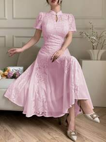 Modelyn Women's Elegant Solid Color Lace Patchwork Dress - Pink - View 5