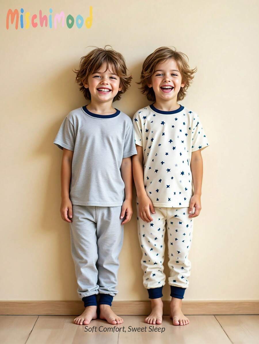 SHEIN 2pcs Young Boy Crew Neck Knit Short Sleeve Shirt & Pants Colorblock Star Pattern Casual Pajama Set - Multicolor - View 1