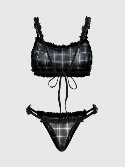 Academia Ensemble de lingerie transparente avant-gardiste et sexy avec empiècement en dentelle et cordon de serrage