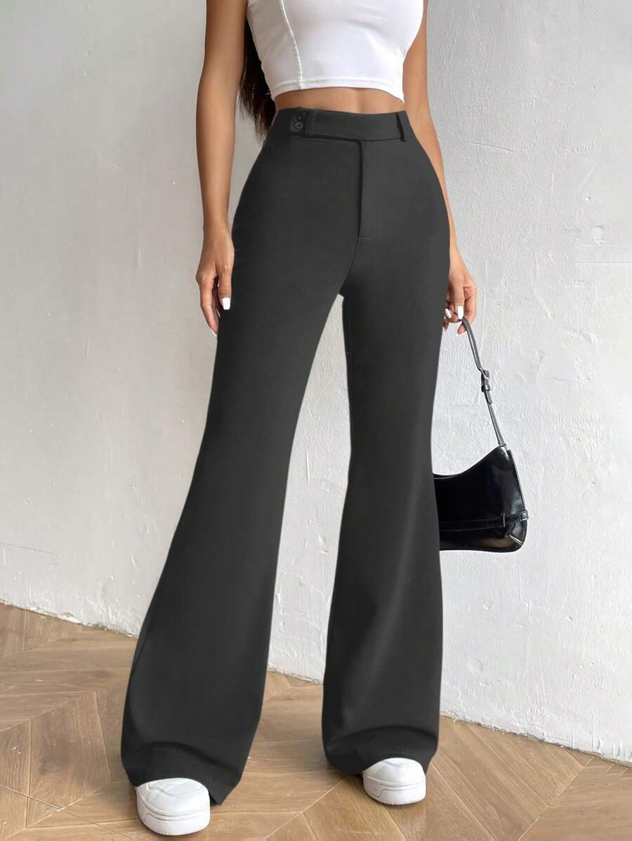 Flirla Women High Waist Flare Leg Casual Pants Fall Cloth For Women - Grey - View 1
