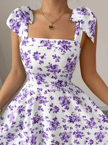 Elenzga New Ditsy Floral Shoulder Tie Bow Waisted A-Line Dress, Slimming, Ditsy Ditsy Floral, Elegant, Casual, Suitable For Daily Wear And Holiday - Purple - View 6
