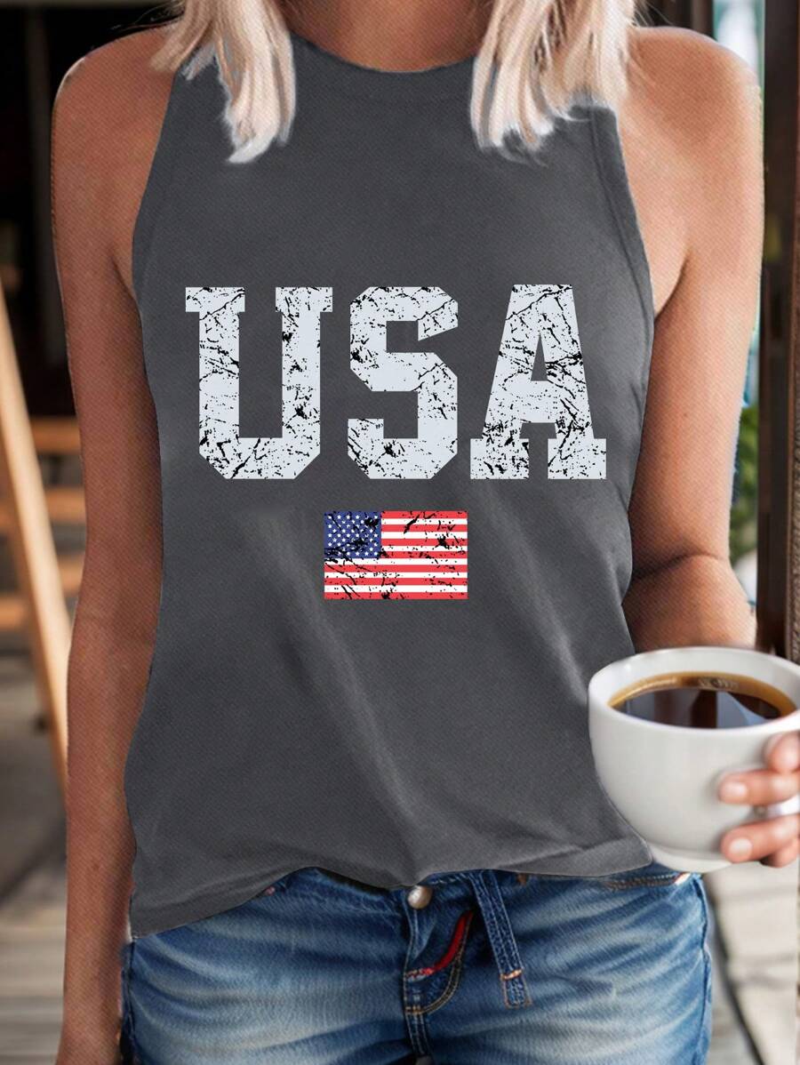 SHEIN LUNE 美国国旗图案基本款女士无袖背心，休闲简约，适合夏季 - 深灰色 - 查看 1