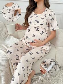 Butterfly Print Nursing Design Short Sleeve Pants Maternity Pajamas Set