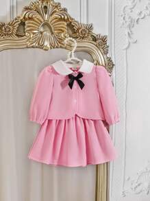 SHEIN Niña bebé, otoño e invierno, dama rosa, elegante, noble, lujoso, lujoso, lujoso, lujoso, blusa de manga larga con cuello blanco, top con hebilla de encaje dorado y falda larga rosa son adecuados para ir de compras, jugar, asistir a fiestas, reuniones y cocina occidental en otoño - Rosa - Ver 3