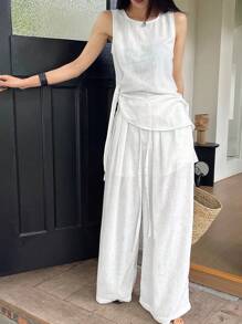 DAZY 2pcs/Set Women Summer Asymmetric Hem Round Neck Sleeveless Tank Top And Loose Casual Wide Leg Long Pants Streetwear Casual Suit