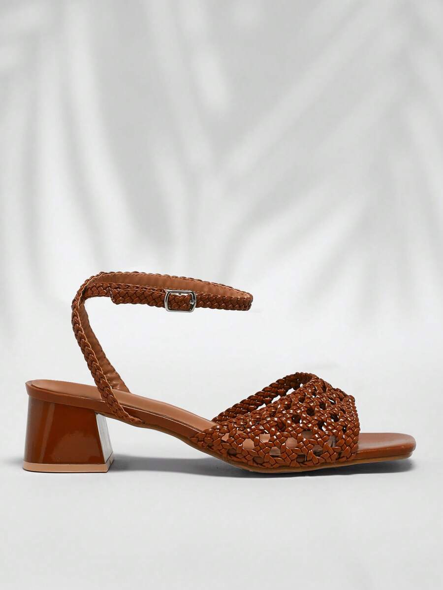 SHUZIA Ladies Crochet Raffia Chunky Heels With Ankle Strap - Brown - View 1
