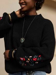 Bóhologie Women Solid Color Flower Embroidery Detailed Mock Neck Drop Shoulder Pullover Black Sweater Sweaters For Women,Jumper,Cream Jumper,Jumpers,Womens Jumper,White Jumper,Women's Jumper,Women's Jumpers,Winter Clothes - Black - View 4