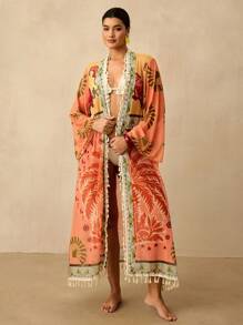 Travachic Kimono talla grande con mangas largas, estampado de palmeras y flecos
