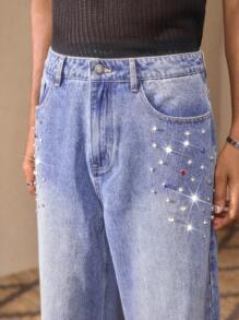 AKNOTIC Men's Blue Rhinestone Casual Straight-Leg Jeans, Suitable For Summer, Vacation, Daily Wear, Party, Gift For Men, For Rave - Medium Wash - View 1