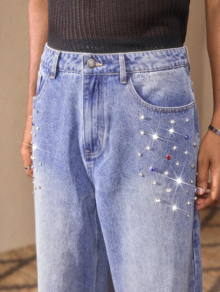 AKNOTIC Men's Blue Rhinestone Casual Straight-Leg Jeans, Suitable For Summer, Vacation, Daily Wear, Party, Gift For Men, For Rave - Medium Wash - View 1