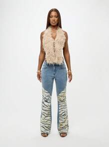 SUMWON WOMEN 拼布动物印花喇叭牛仔裤 Y2K 时尚宣言老虎图案喇叭裤牛仔裤节日装 - 彩色 - 查看 4