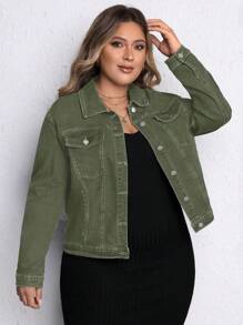 EMERY ROSE Plus Size Casual Distressed Denim Jacket Elegant - Army Green - View 7