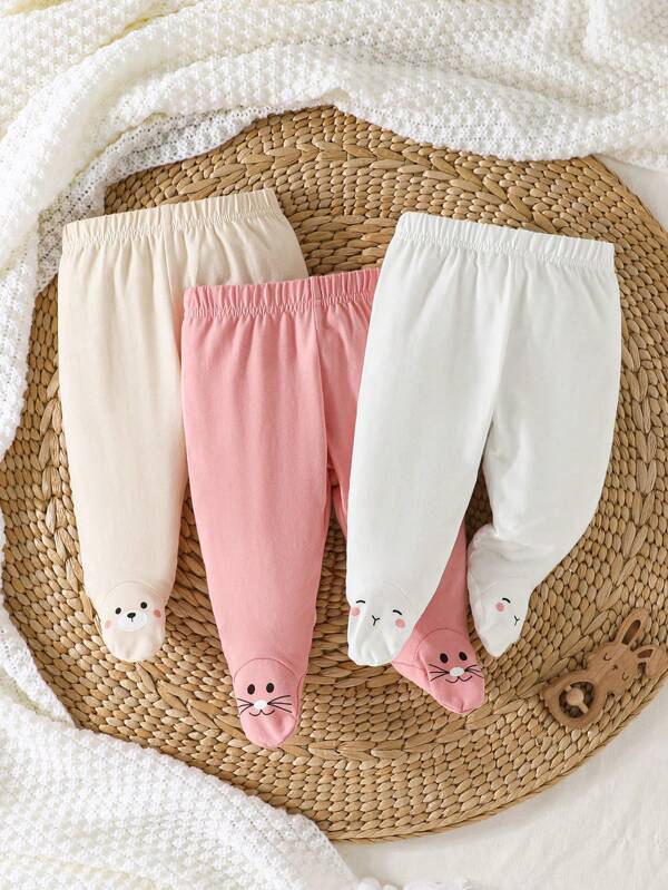 SHEIN Neugeborenen Baby Freizeitbekleidung für Outdoor dünne süße gelbe Bären, rosa Kätzchen, weiße Kaninchen Fuß-lose Hosen, 3 Stücke Baumwoll-Baby-Mädchen-Outfit