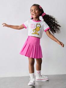Maija Kids GARFIELD | SHEIN Maija Kids Young Girls Cartoon Cat Printed Round Neck Short Sleeve T-Shirt And Pleated Skirt 2pcs Set,Summer School Light Pink Kids Clothing Outfits - Pink - View 3