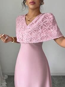 Modelyn Women's Woven Mesh Embroidered Cape Design French Elegant Dress - Pink - View 4