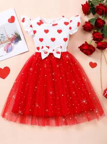 Young Girl Heart Pattern Round Neck Cap Sleeve Mesh Mini Dress, Summer - Red - View 3