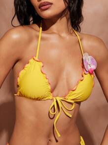 Hauture بكيني ملابس علوية بتفاصيل أوركيد لون سادة وتباين في حافة الخس التريكو، مناسب للإجازات الصيفية الساخنة والمنتجعات