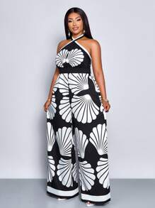 SOLERSUN 大码春夏新款挂脖高腰阔腿口袋连体裤度假休闲性感优雅植物纹时尚女装 - 黑色 - 查看 4