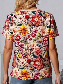 SHEIN LUNE Maglietta casual da donna a manica corta con grafica 3D, aderente, lavorazione speciale, adatta per primavera/estate - Multicolore - Visualizzare 2