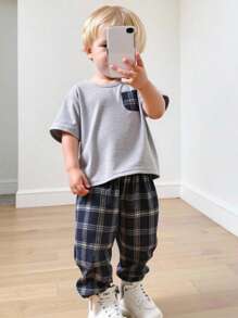 SHEIN 2pcs/Set Dozemod Kids Baby Boy Plaid Pattern Pocket Tee & Plaid Shorts Comfy Casual Pajama Set - Grey - View 11