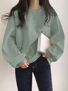 DAZY Solid Color Round Neck Loose Fit Casual Sweatshirt With Drop Shoulder,Fall Clothes - Green - View 5