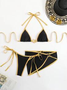 Swim SXY 3pcs Solid Color Halterneck Micro Triangle Bikini Top, Side Tie Swim Bottom & Skirt Set For Summer Beach Vacation