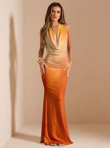 SHEIN BAE 女式休闲渐变色垂坠领修身长裙，夏季 - 彩色 - 查看 2