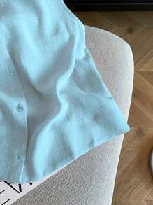 SHEIN 女士纯色圆领单排扣休闲衬衫，夏季百搭 - 淺藍色 - 查看 4