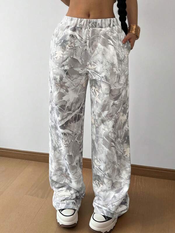 SHEIN Teen Girls' Casual Cinch Waist Barren Branch Printed Loose Sweatpants, Back-To-School Outfit, Basics, Versatile Daily Wear