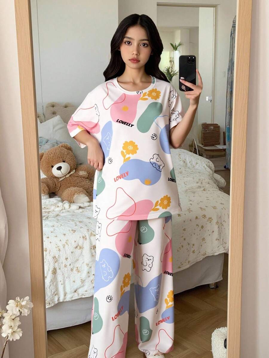 SHEIN 青少年女孩卡通熊印花圓領短袖寬鬆休閒居家睡衣套裝,2件組睡衣套裝 - 白色 - 查看 1