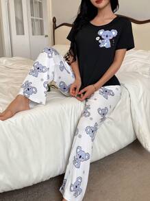 Cute Cartoon Print Casual Round Neck Short Sleeve Pants Sleepwear Set For Women - White - View 1