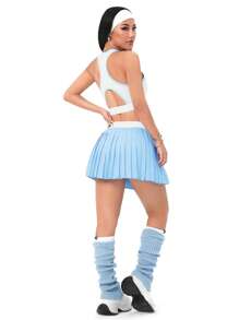 Easithlete Yoga Outfit Set: Spaghetti Strap Top & Mid-Length Skirt, Fashionable Workout Women Sets - Blue and White - View 8