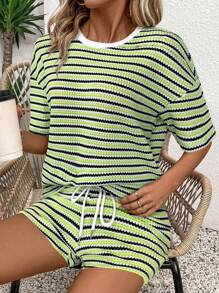 SHEIN LUNE 2pcs Women Summer Casual Stripe T-Shirt And Shorts Set Striped Two Piece Set Two Piece Lounge Set Summer Lounge Set Comfortable Two Piece Set Striped Shorts Set
