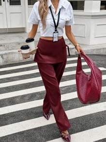 Siren Gaze 时尚双层设计修身裤，灰色女士通勤长裤 - 酒紅色 - 查看 4