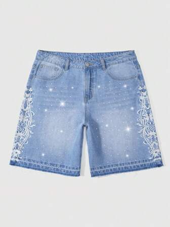 Street Life Men's Street Life Washed Denim Shorts With Rhinestones Embroidery