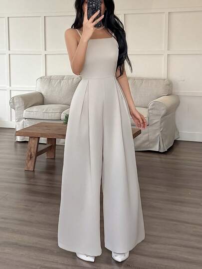 INAWLY Mono informal de pierna ancha plisado de unicolor para mujer