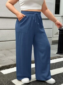 SHEIN EZwear 大码女式纯色抽绳腰口袋阔腿休闲裤 - 霧霾藍 - 查看 4