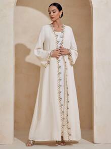 Graceveil Áo len cardigan tay dài hở phía trước viền ren hoa màu trơn thanh lịch - Màu be - Xem 3