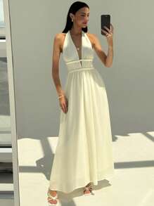 Aloruh Váy chữ A hở lưng buộc dây mùa hè cho nữ - Màu be - Xem 8