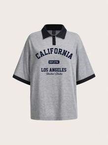 Muchica 大码休闲街头风格时尚撞色设计半拉链领 Polo 超大短袖 T 恤，适合夏季、返校季 - 灰色 - 查看 7