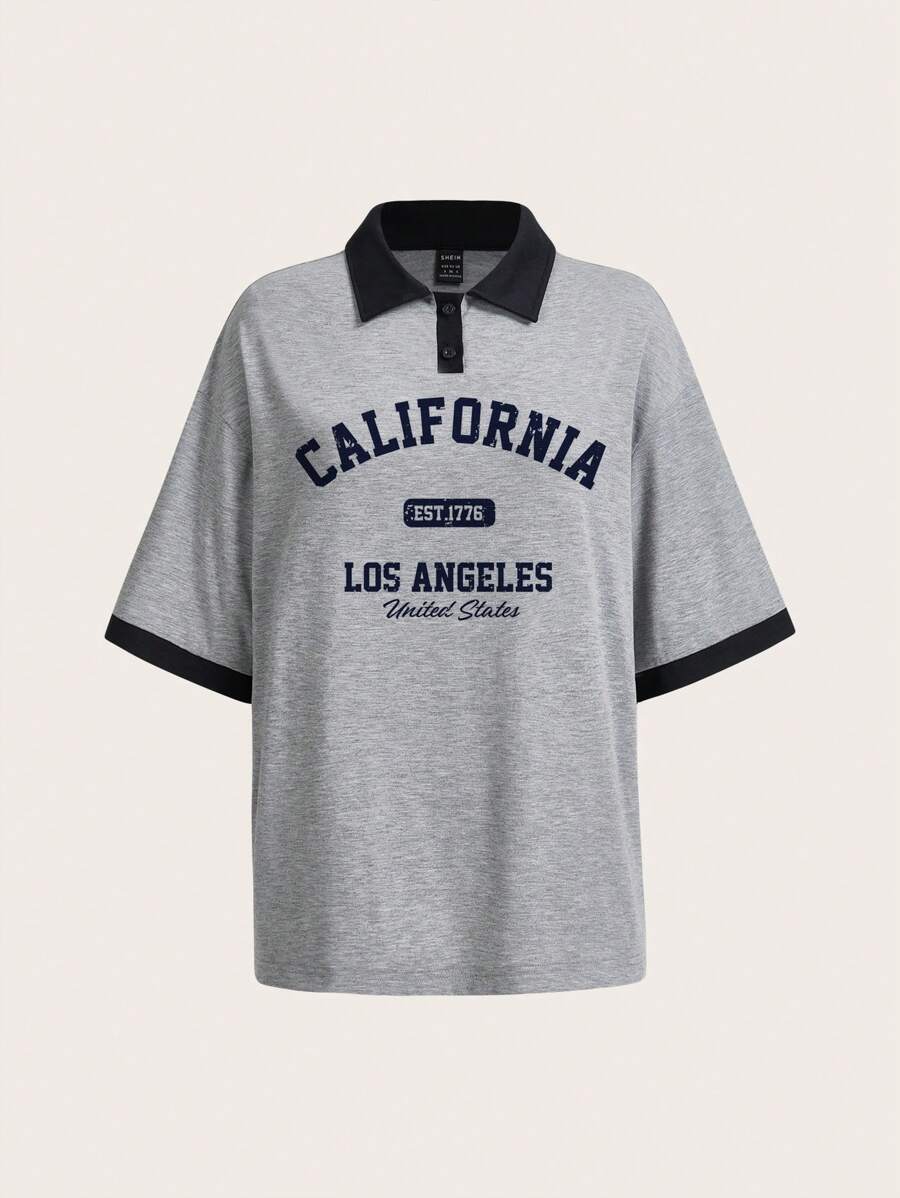SHEIN EZwear Áo thun polo tay ngắn dáng rộng, thiết kế màu tương phản, cổ bẻ, khóa kéo nửa, phong cách đường phố, phù hợp cho mùa hè, mùa tựu trường - Xám - Xem 1
