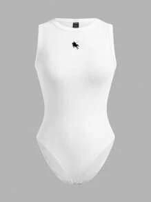 SHEIN EZwear 4pcs Women Casual Minimalist Small Horse Logo Printed Round Neck Bodysuit - Multicolor - View 4