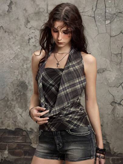 J-Fashion Summer Beach Graduation Easter Concert Nashville Music Festival Plaid Retro Subculture Chic Grid Mesh Slim Fit Halter Neck Tank Top For Women