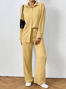 SHEIN PETITE 2 件套女式纯色长袖单排扣衬衫和裤子，休闲西装套装 - 黃色 - 查看 5