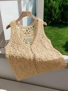 Comfortcana Áo len cardigan mỏng không tay khoét lỗ họa tiết hoa trơn màu cho nữ - Màu Khaki - Xem 6