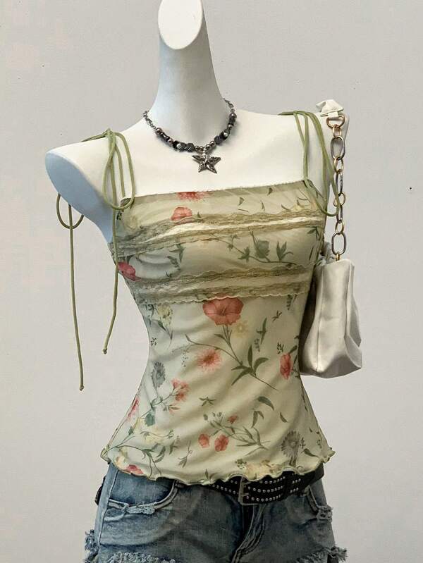 SHEIN EZwear Grunge Goth Summer Y2k  Printed Mesh Women Tank Top Western Wear Women