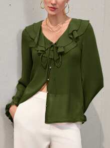 Aveloria Modichic 裸色薰衣草女士雪纺层叠荷叶边下摆透视浪漫优雅性感通勤休闲百搭长袖衬衫 - 綠色 - 查看 3