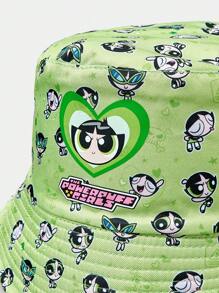 THE POWERPUFF GIRLS X SHEIN Green Fuzzy Policewoman Digital Print Bucket Hat - Green - View 3